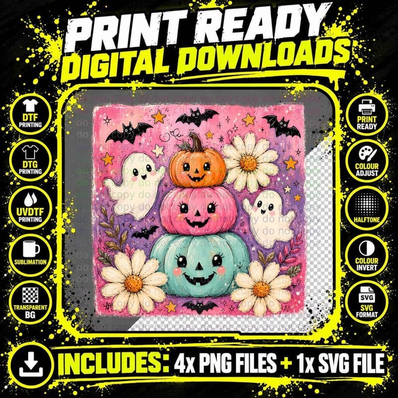 Stacked Smiling Pumpkins Ghosts Halloween T-Shirt Png SVG Digital Bundle
