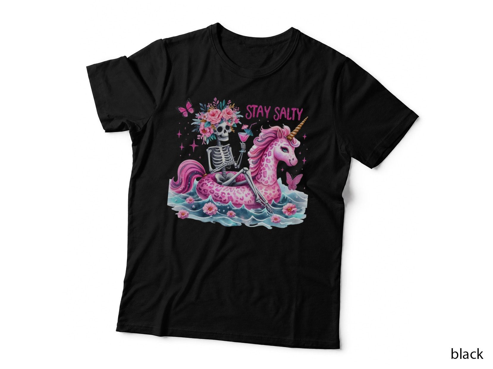 Stay Salty Summer T-Shirt, Skeleton Riding Pink Unicorn Sunny Tee