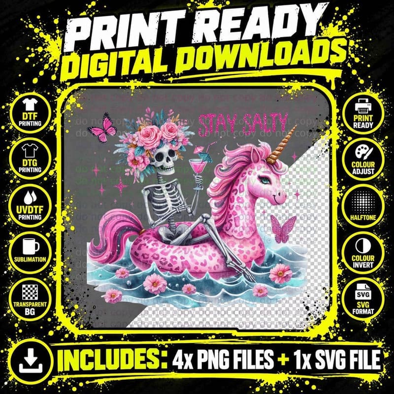 Stay Salty Summer T-Shirt, Skeleton Riding Pink Unicorn Png SVG Digital Bundle