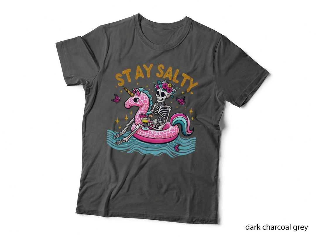 Stay Salty Summer T-Shirt, Skeleton Unicorn Float Drink Sunny Tee