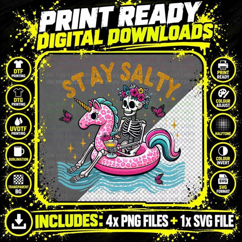 Stay Salty Summer T-Shirt, Skeleton Unicorn Float Drink Png SVG Digital Bundle