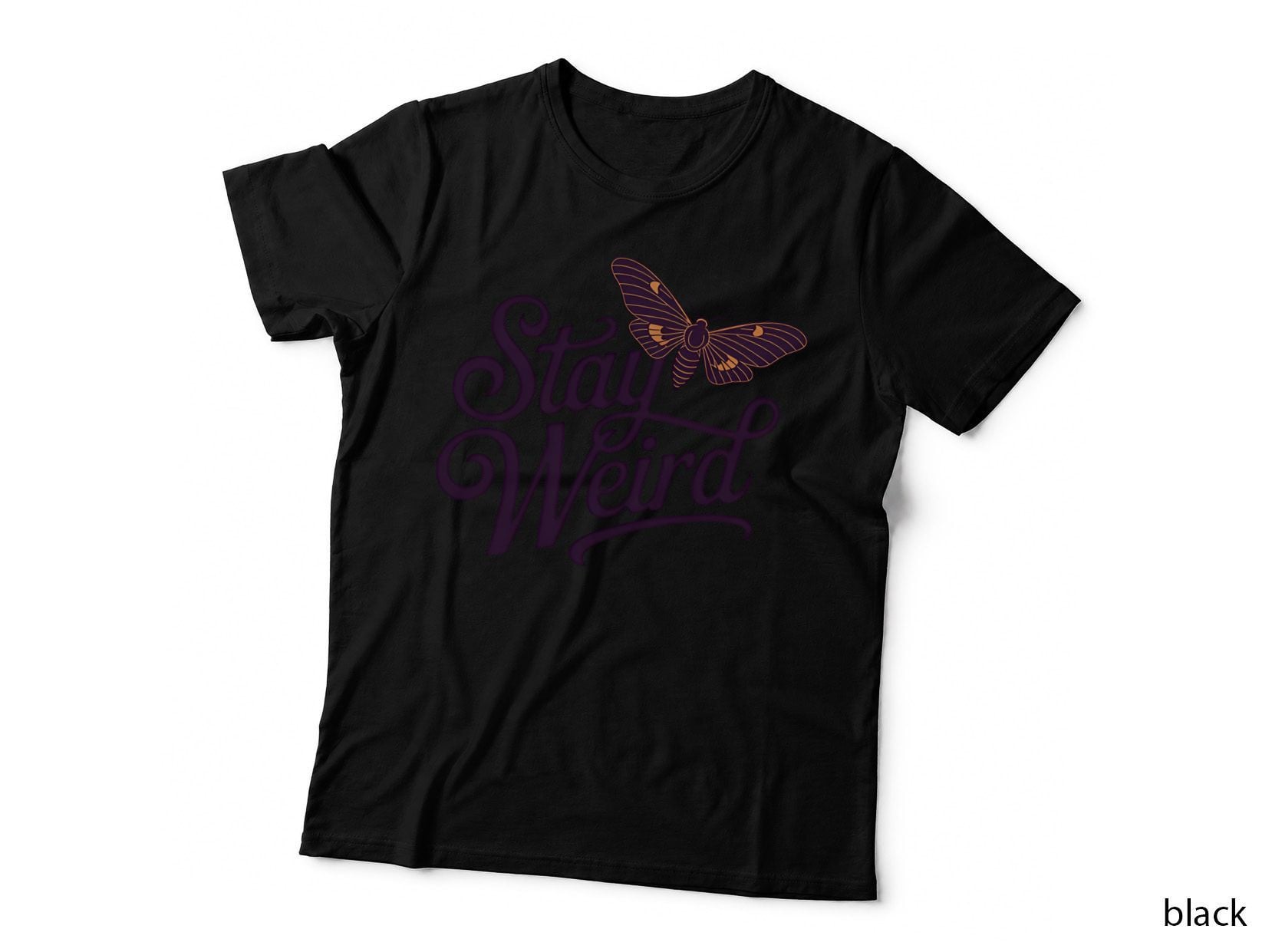 Stay Weird Funny Halloween T-Shirt, Purple Butterfly on Gray Background Graphic