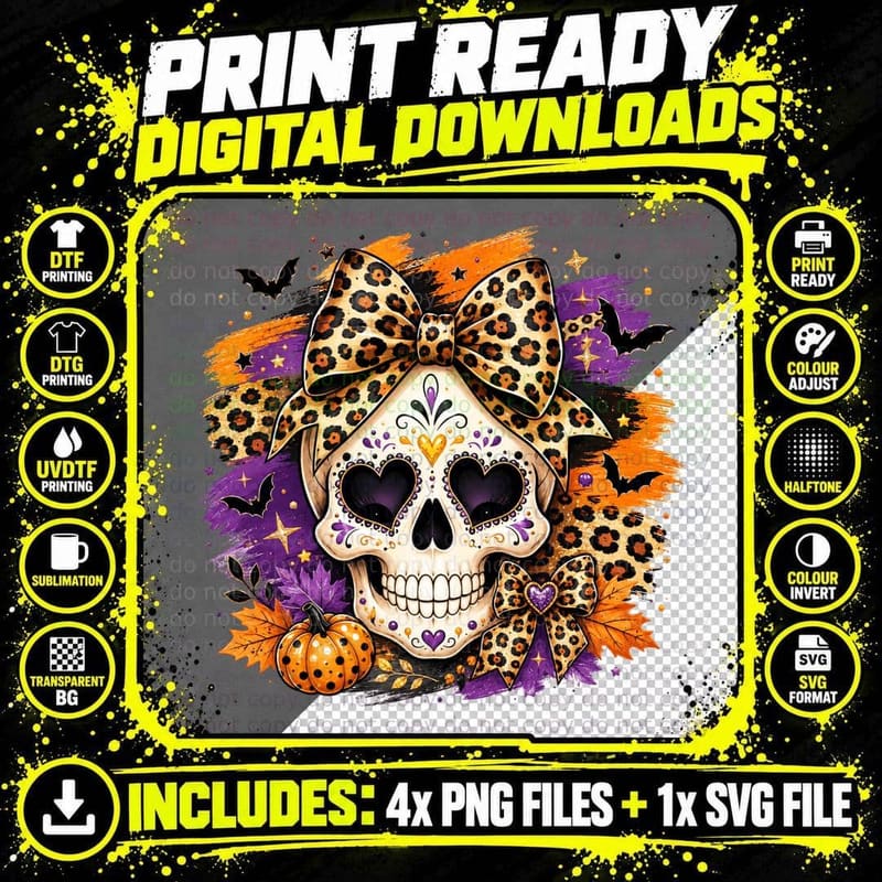 Sugar Skull Leopard Print Bow Halloween T-Shirt Png SVG Digital Bundle