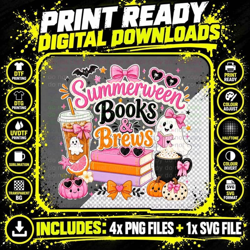 Summerween Books & Brews Halloween T-Shirt Png SVG Digital Bundle