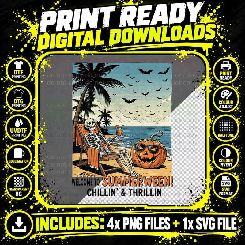 Summerween Halloween T-Shirt, Beach Skeleton Tropical Png SVG Digital Bundle
