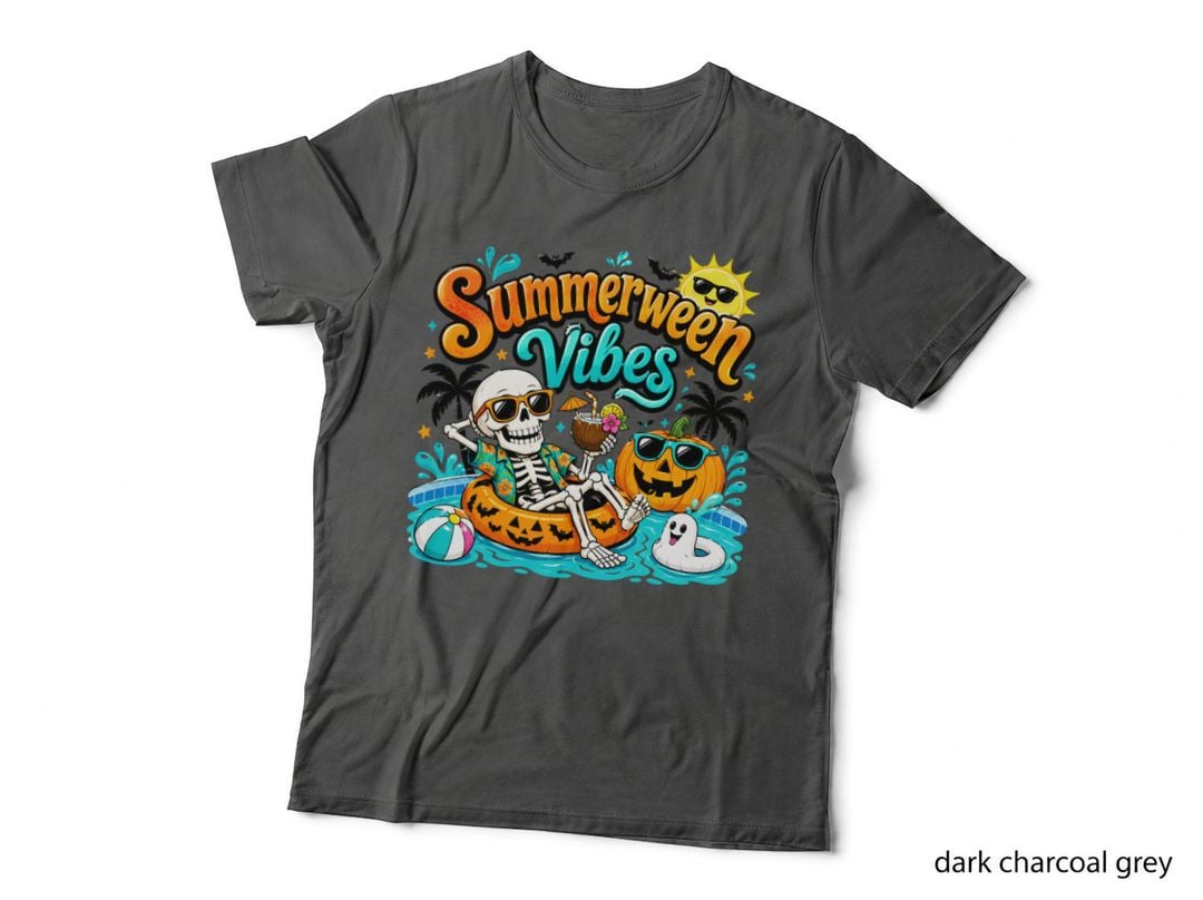 Summerween Vibes Fall T-Shirt, Skeleton Pumpkin Summer Pool Theme Autumn Tee