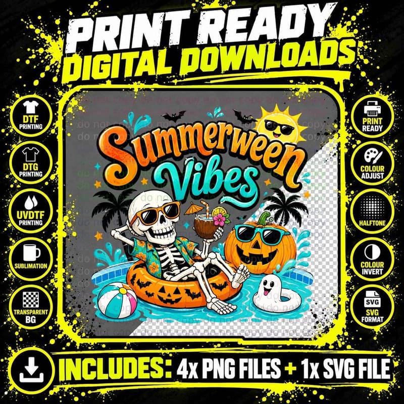 Summerween Vibes Fall T-Shirt, Skeleton Pumpkin Summer Png SVG Digital Bundle