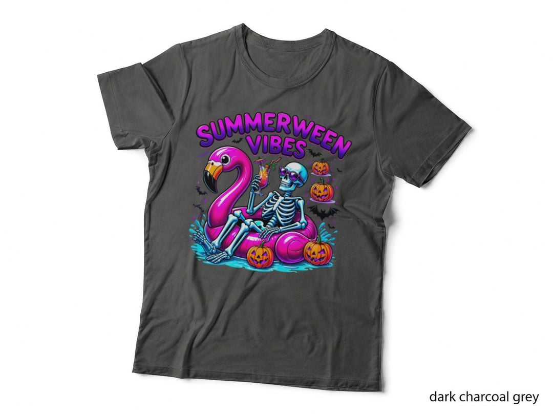 Summerween Vibes Funny Skull T-Shirt, Skeleton Chilling on Flamingo Float