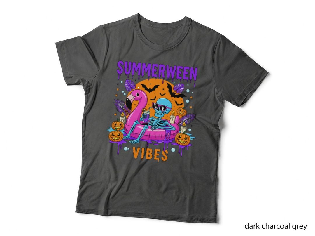 Summerween Vibes Halloween T-Shirt, Skeleton Flamingo Pool Vibes Spooky Tee