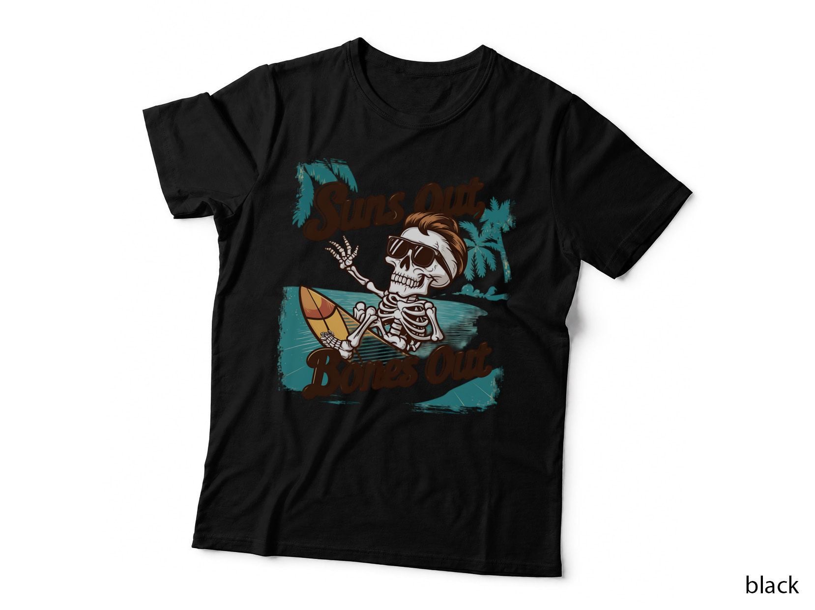 Suns Out Bones Out Funny Skull T-Shirt, Skeleton Surfing on Beach Graphic Tee
