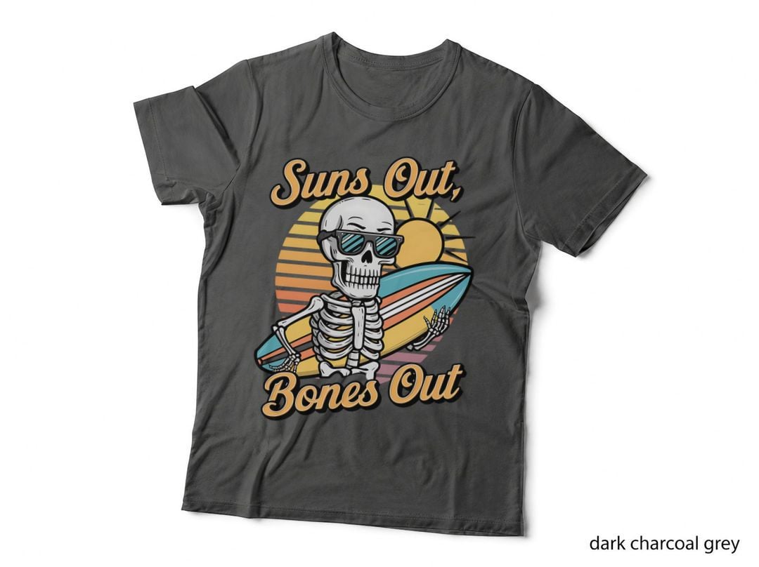 Suns Out Bones Out Halloween T-Shirt, Skeleton Surfer with Rainbow Spooky Tee