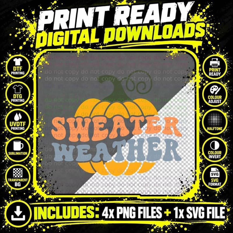 Sweater Weather Fall T-Shirt, Text with Pumpkin in Frame Png SVG Digital Bundle