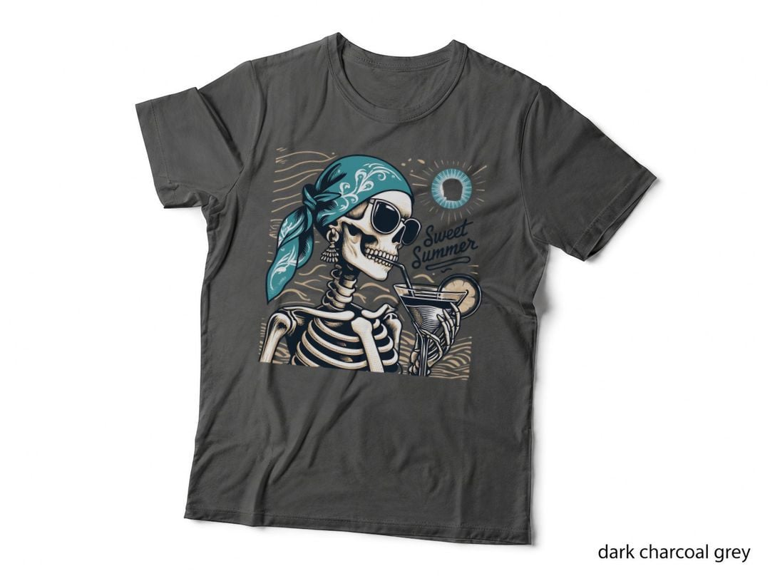Sweet Summer Funny Skull T-Shirt, Skeleton Drinking Cocktail Graphic Tee