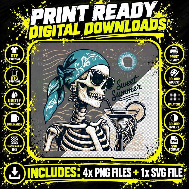 Sweet Summer Funny Skull T-Shirt, Skeleton Drinking Png SVG Digital Bundle