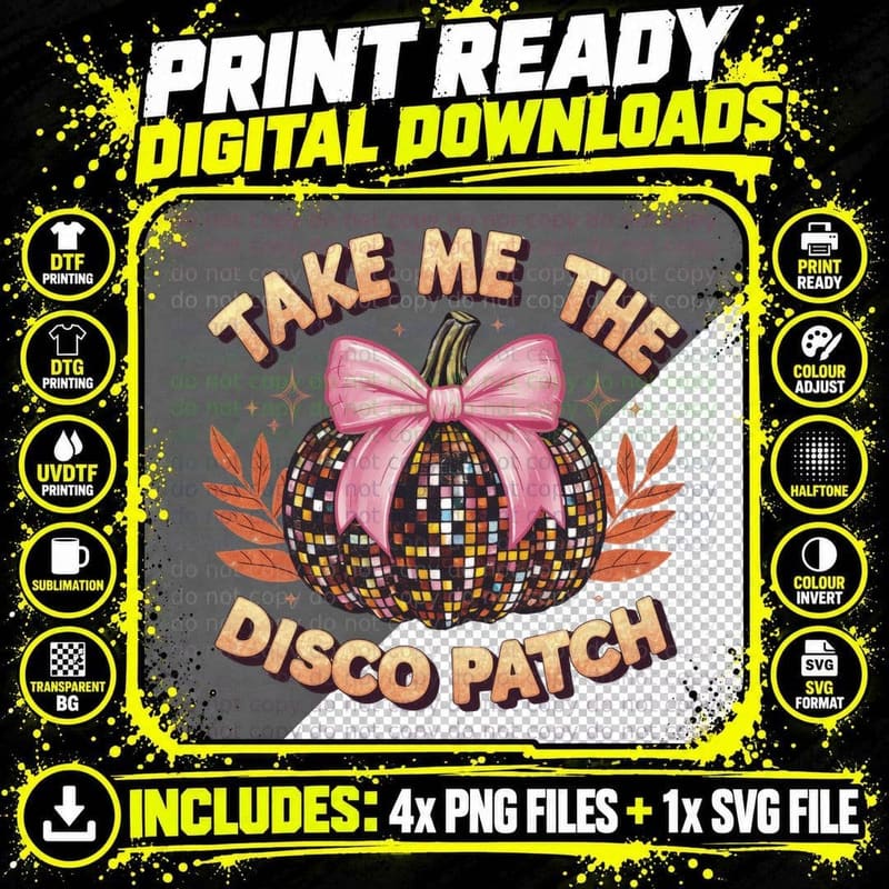 Take Me Disco Patch Fall T-Shirt, Disco Pumpkin Pink Bow Png SVG Digital Bundle