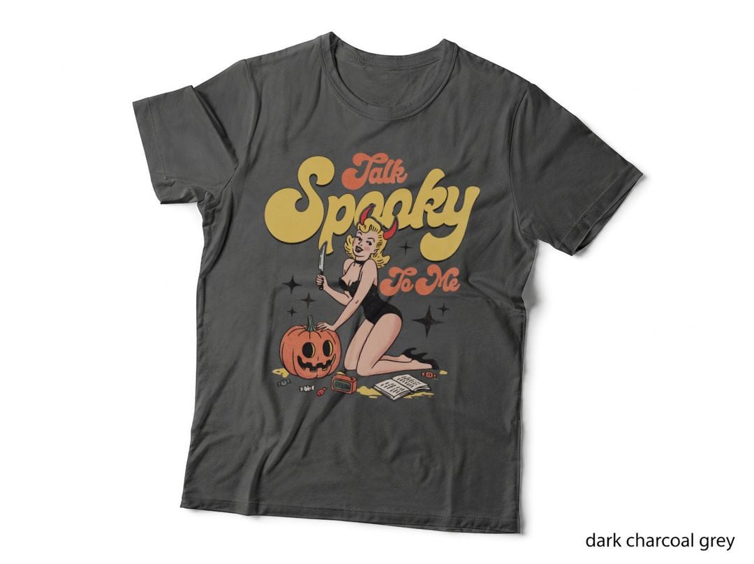 Talk Spooky to Me Funny Halloween T-Shirt, Halloween Pin-Up Girl with Pumpkin