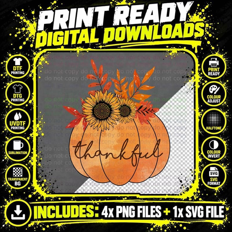 Thankful Fall T-Shirt, Pumpkin Sunflowers Leaves Autumn Png SVG Digital Bundle