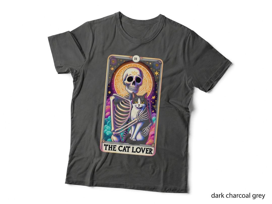 The Cat Lover Funny Cat T-Shirt, Skeleton Holding Cat with Colorful Graphic Tee