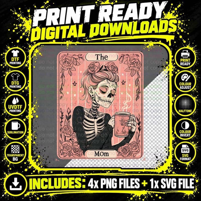 The Mom Funny Mama T-Shirt, Skeleton Holding Coffee Mug Png SVG Digital Bundle