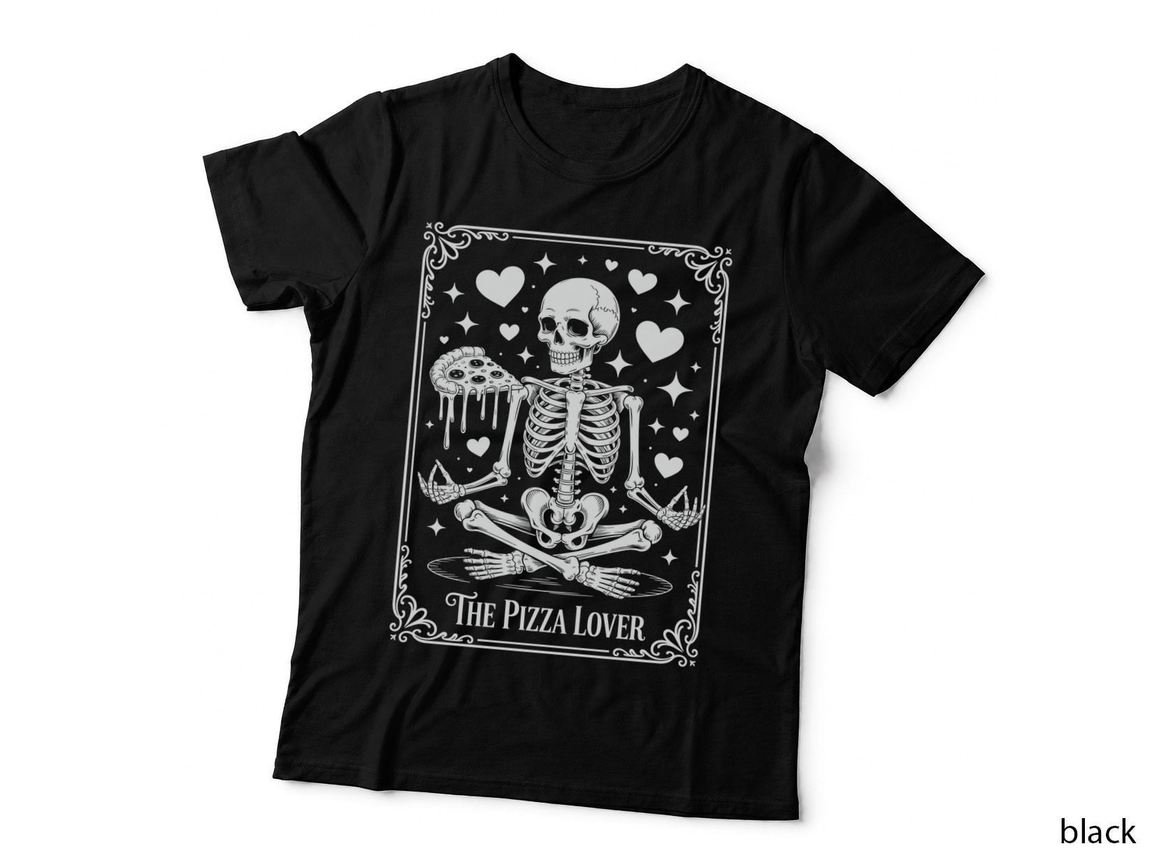 The Pizza Lover Funny Skull T-Shirt, Skeleton Holding Pizza with Hearts Graphic