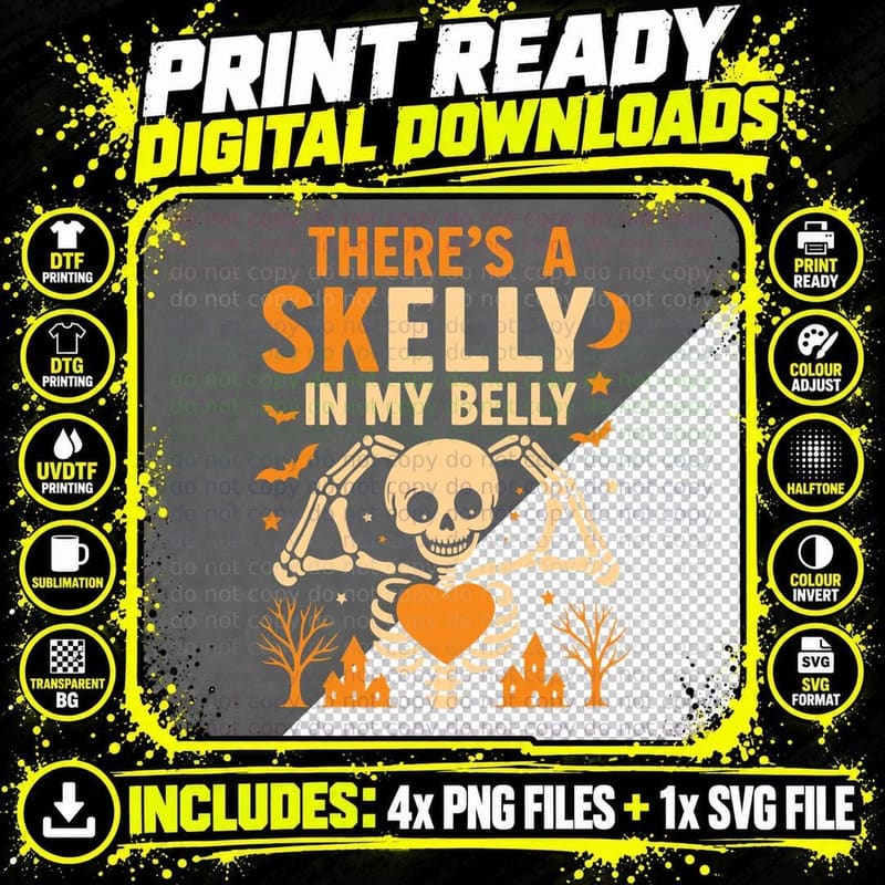 There's a Skelly in My Belly Halloween T-Shirt Png SVG Digital Bundle