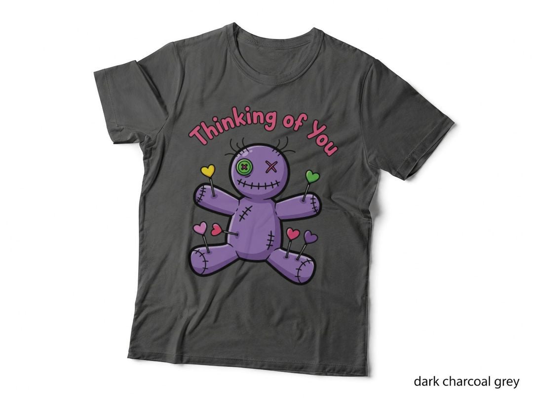 Thinking of You Funny Halloween T-Shirt, Purple Voodoo Doll with Hearts Graphic