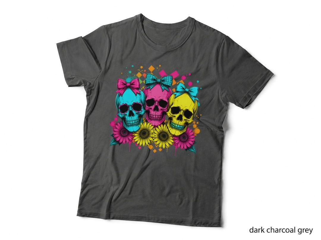 Three Colorful Skulls Sunflowers Halloween T-Shirt, Spooky Season Graphic Tee