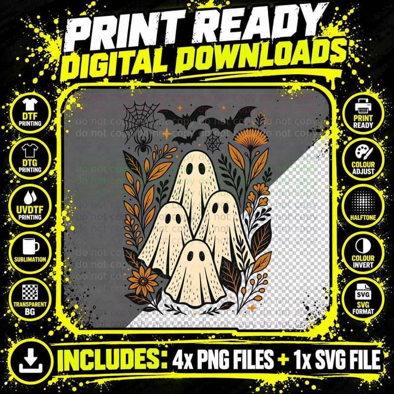 Three Ghosts Autumn Flowers Halloween T-Shirt Png SVG Digital Bundle