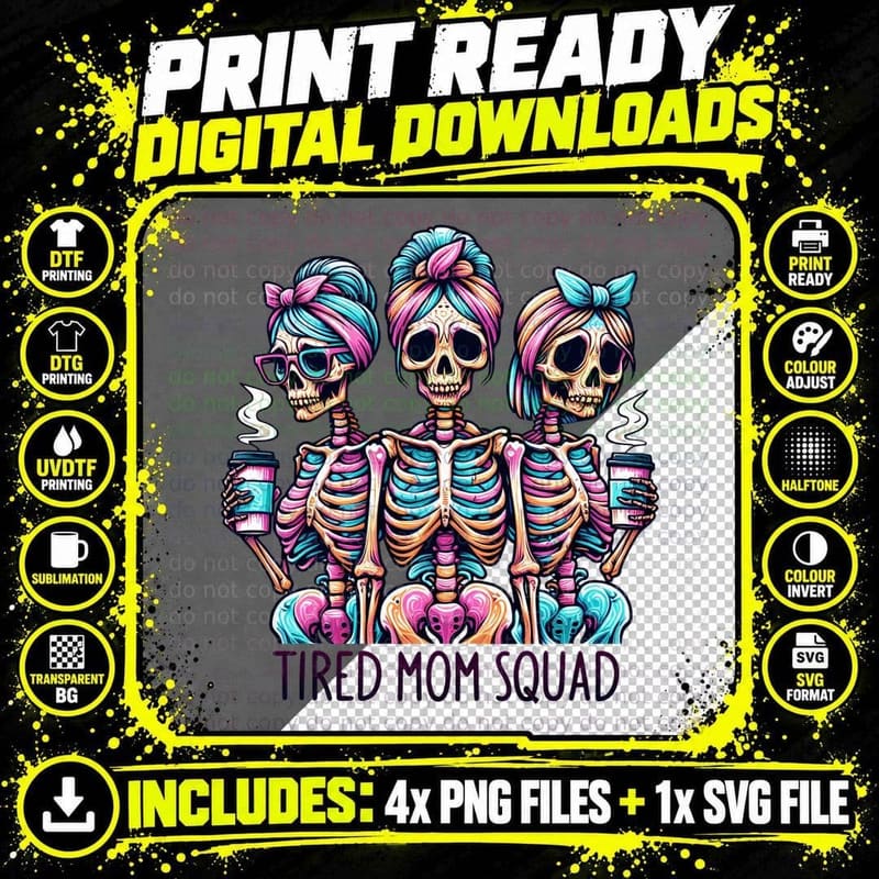 Tired Mom Squad Funny Skull T-Shirt Png SVG Digital Bundle