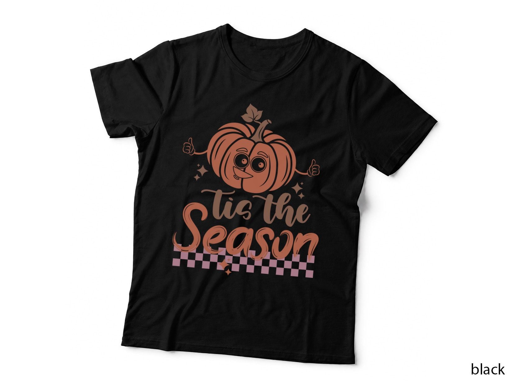 Tis the Season Fall T-Shirt, Happy Pumpkin Personified Checkered Autumn Tee