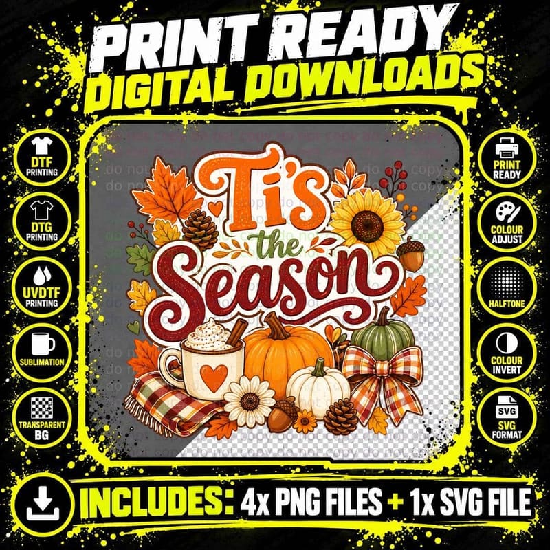 Tis the Season Fall T-Shirt, Pumpkin Latte Coffee Cozy Png SVG Digital Bundle