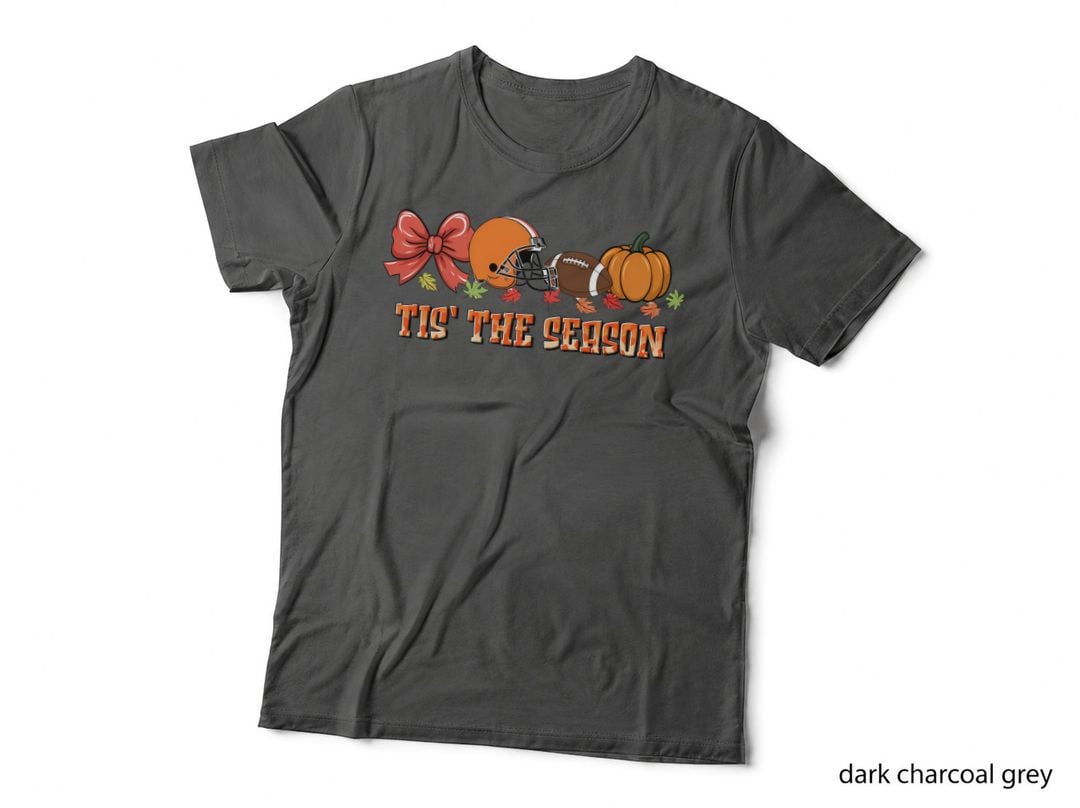 Tis' the Season Fall T-Shirt, Football Helmet Pumpkin Bow Autumn Tee
