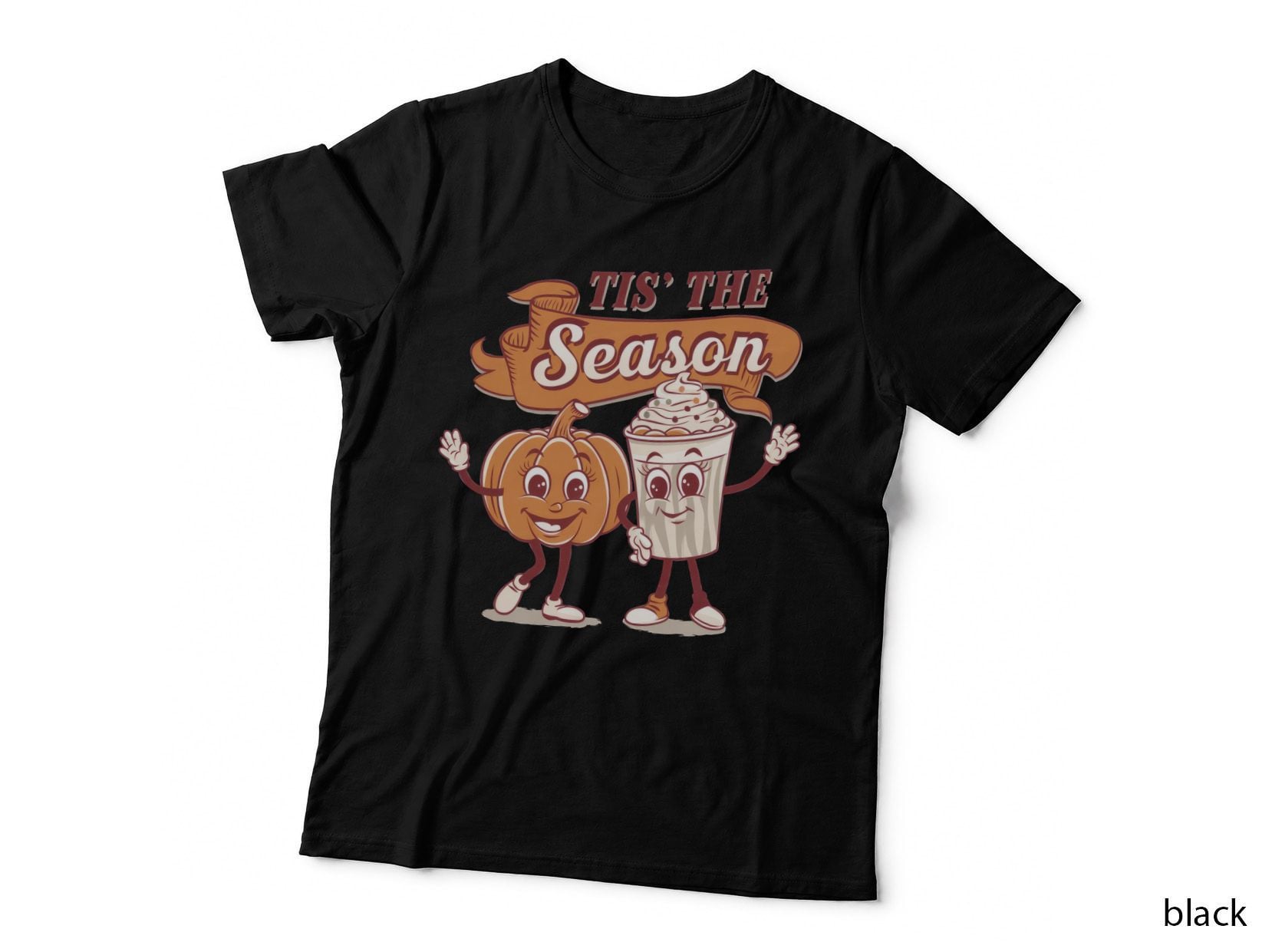 Tis' the Season Fall T-Shirt, Pumpkin and Coffee Characters Autumn Tee