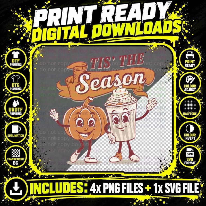 Tis' the Season Fall T-Shirt, Pumpkin and Coffee Png SVG Digital Bundle