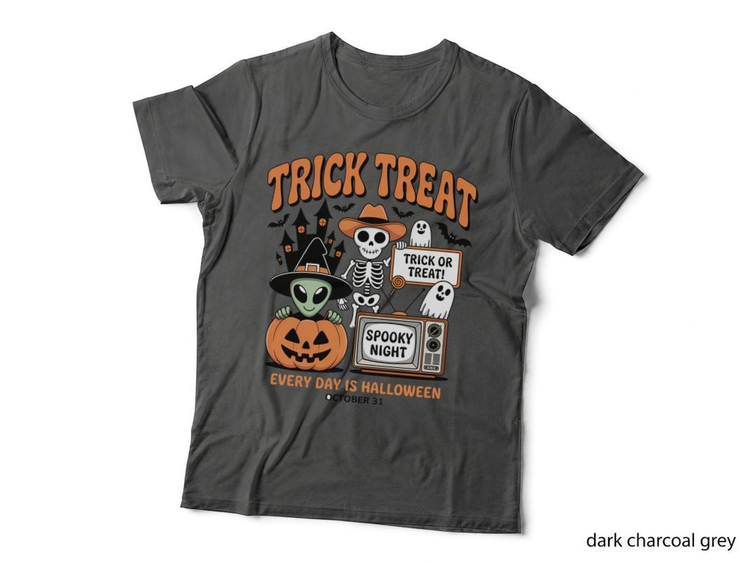 Trick Treat Halloween T-Shirt, Skeleton Alien Ghosts Television Spooky Tee