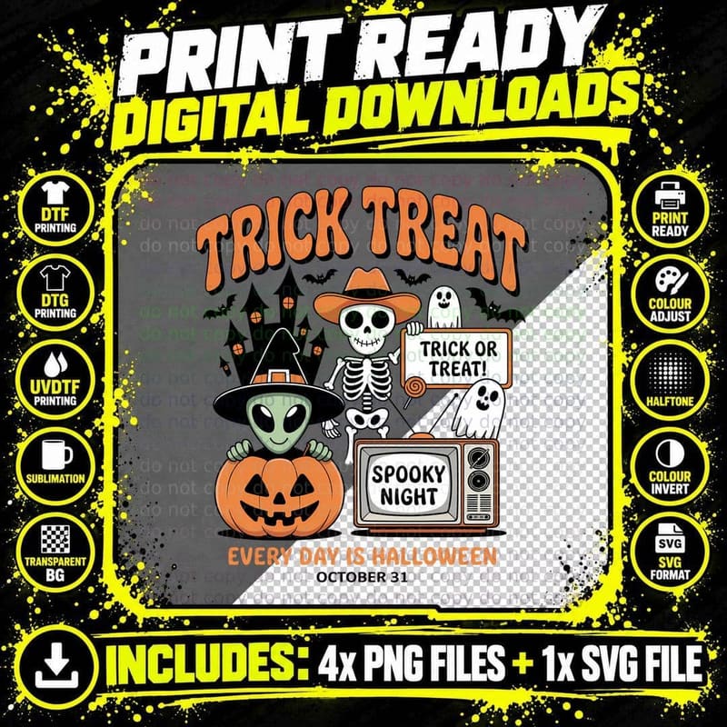 Trick Treat Halloween T-Shirt, Skeleton Alien Ghosts Png SVG Digital Bundle