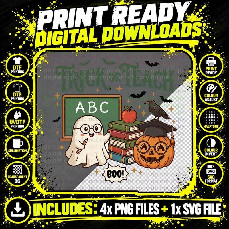 Trick or Teach Boo Halloween T-Shirt Png SVG Digital Bundle