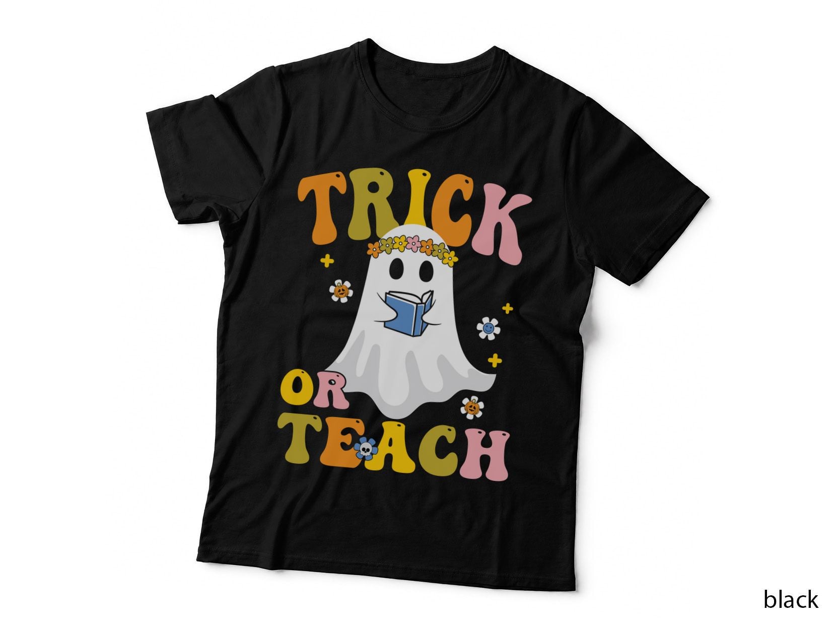 Trick or Teach Fall T-Shirt, Ghost Reading Book Flowers Autumn Tee