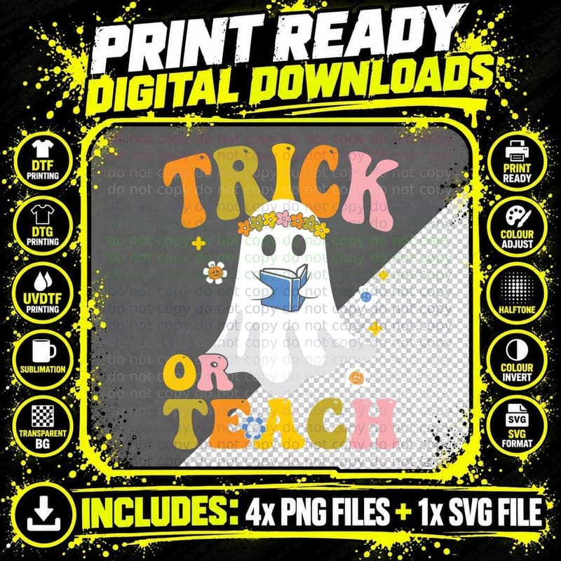 Trick or Teach Fall T-Shirt, Ghost Reading Book Flowers Png SVG Digital Bundle