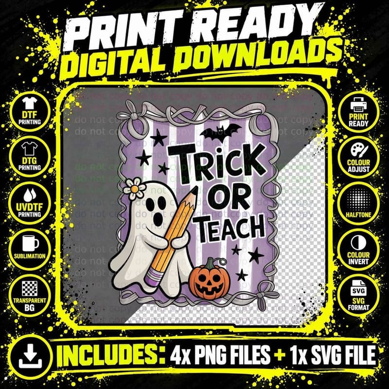 Trick or Teach Funny Halloween T-Shirt Png SVG Digital Bundle