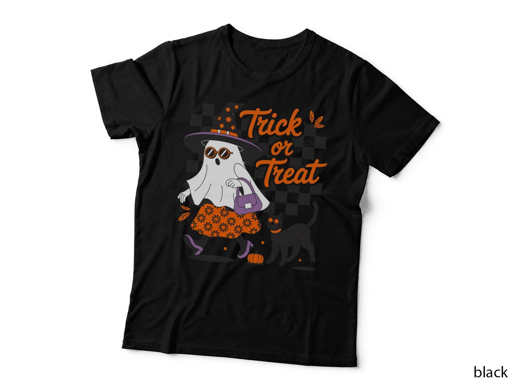 Trick or Treat Halloween T-Shirt, Ghost Black Cat Night Spooky Tee