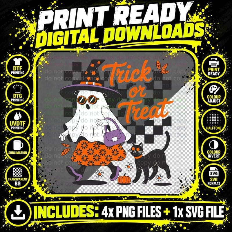 Trick or Treat Halloween T-Shirt, Ghost Black Cat Night Png SVG Digital Bundle