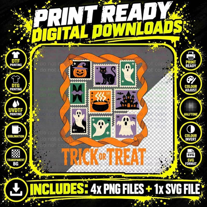 Trick or Treat Halloween T-Shirt, Halloween Stamp Sheet Png SVG Digital Bundle