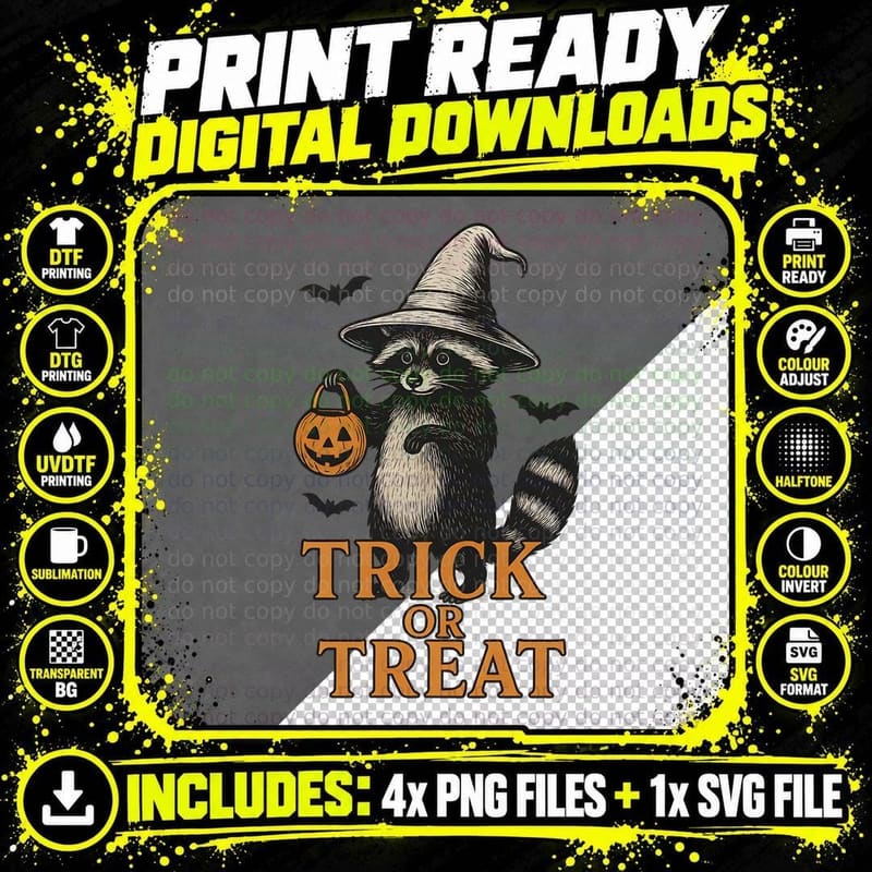 Trick or Treat Halloween T-Shirt, Raccoon Witch Hat Png SVG Digital Bundle
