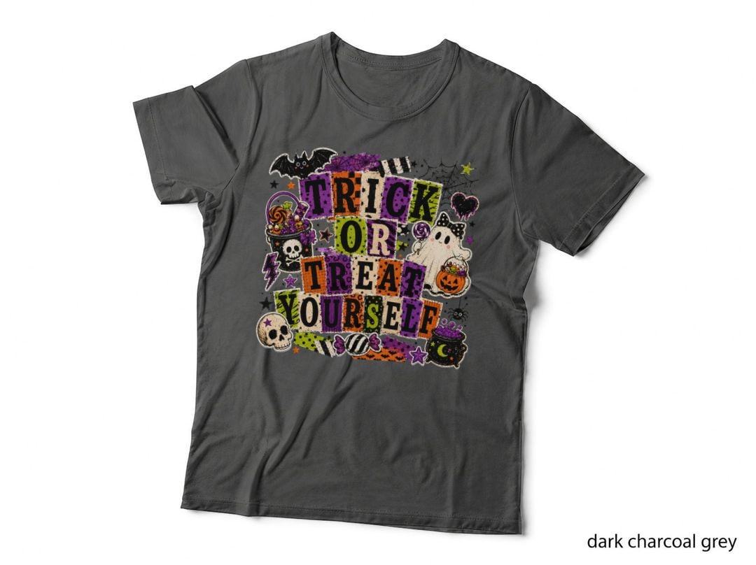 Trick or Treat Yourself Halloween T-Shirt, Cauldron Ghost Candy Scene Spooky