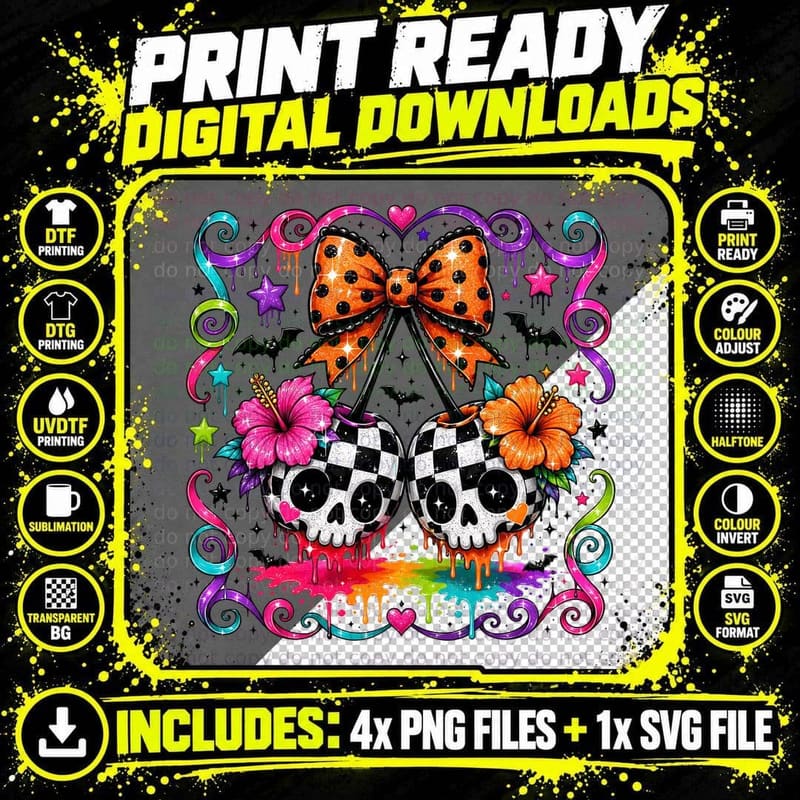 Twin Skulls Checkered Pattern Polka Bow Halloween T-Shirt Png SVG Digital Bundle