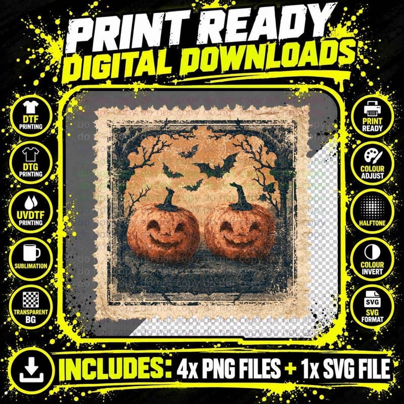 Two Jack-O-Lanterns Flying Bats Halloween T-Shirt Png SVG Digital Bundle