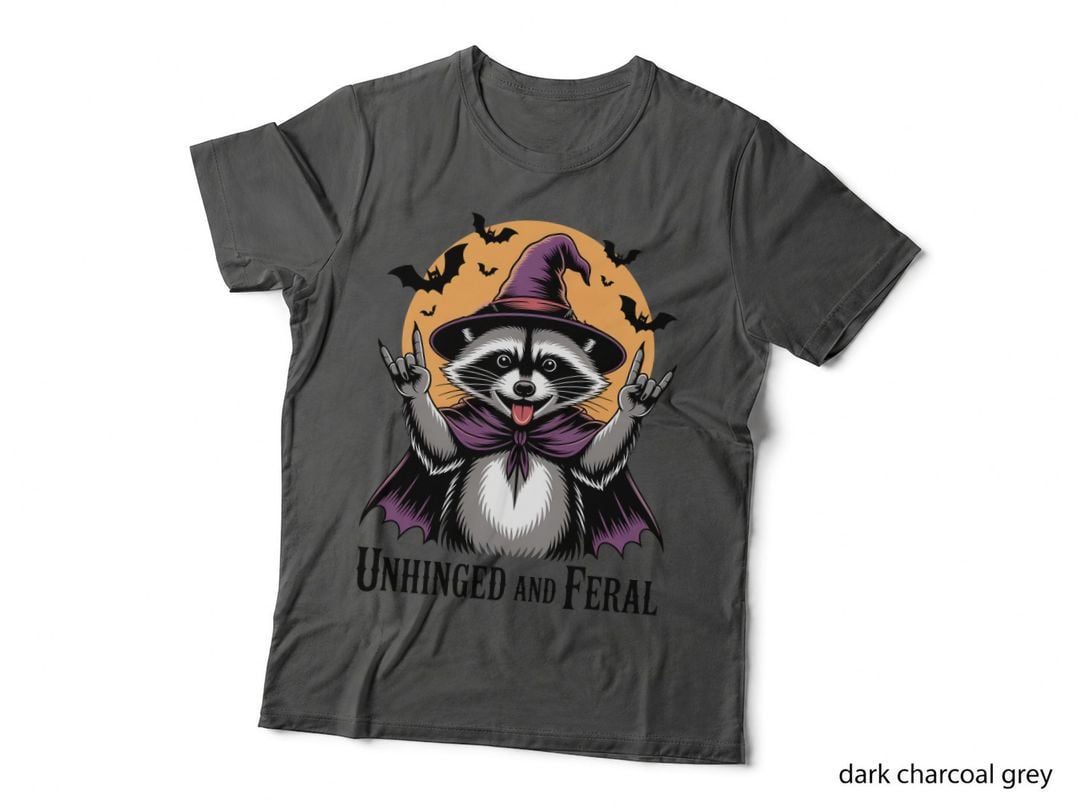 Unhinged and Feral Funny Halloween T-Shirt, Raccoon in Witch Hat with Bats