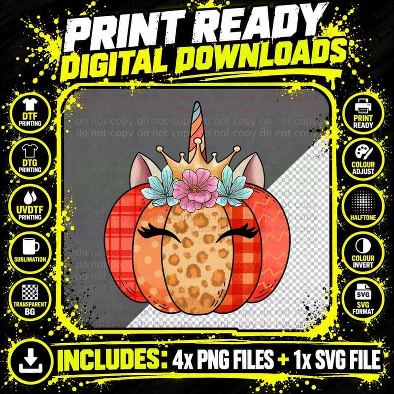 Unicorn Pumpkin Crown Flowers Fall T-Shirt Png SVG Digital Bundle