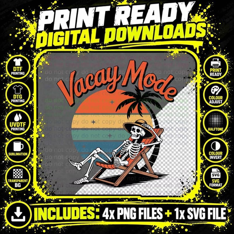 Vacay Mode Funny Skull T-Shirt, Skeleton Relaxing in Png SVG Digital Bundle